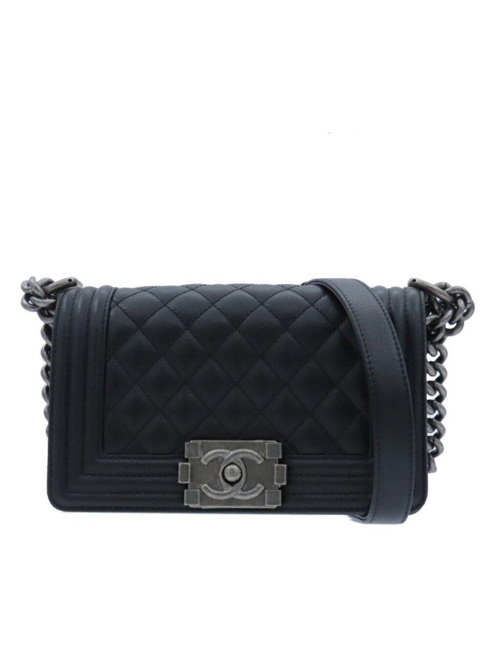 Chanel Boy Black Silver Caviar Leather 20 Small Chain Shoulder Bag